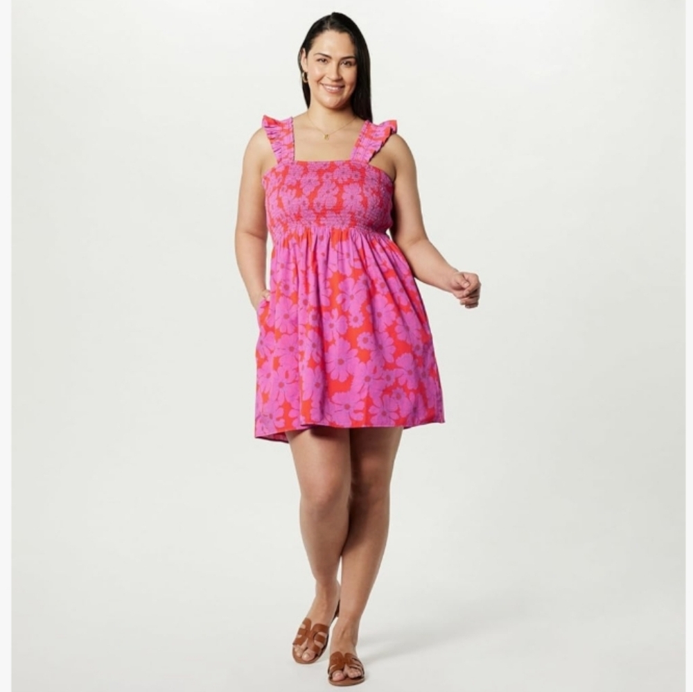 The Drop Red/Pink Retro Floral Kari Ruffled-Shoulder Smocked Dress Size 4X NWT